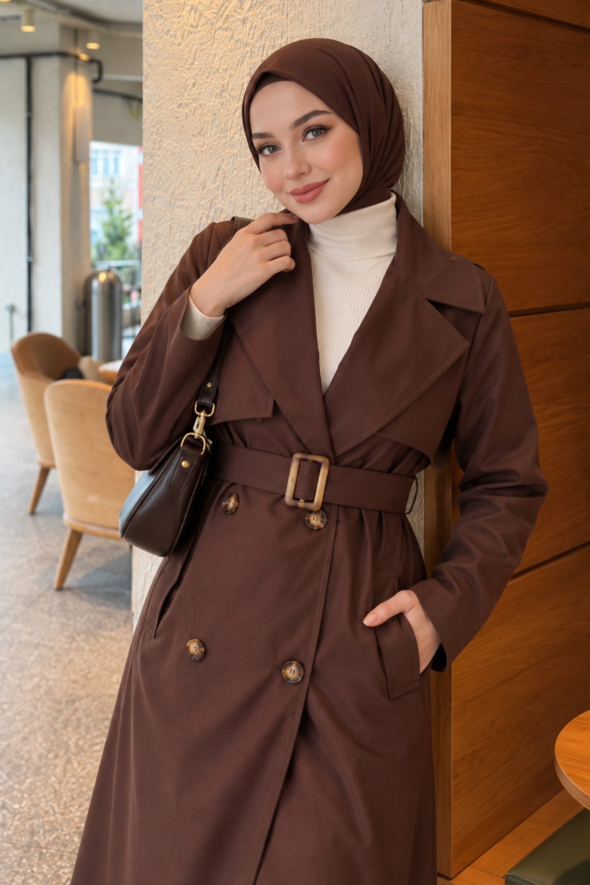 Cross Collar Pocketed Belted Trenchcoat Beige