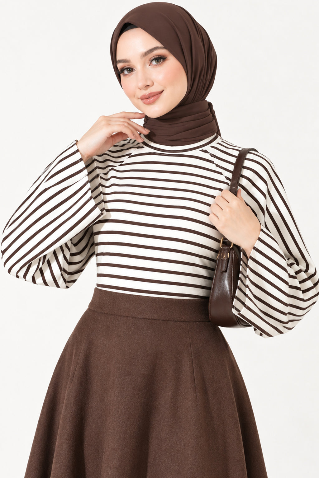 Batwing Sleeve Striped Blouse Brown