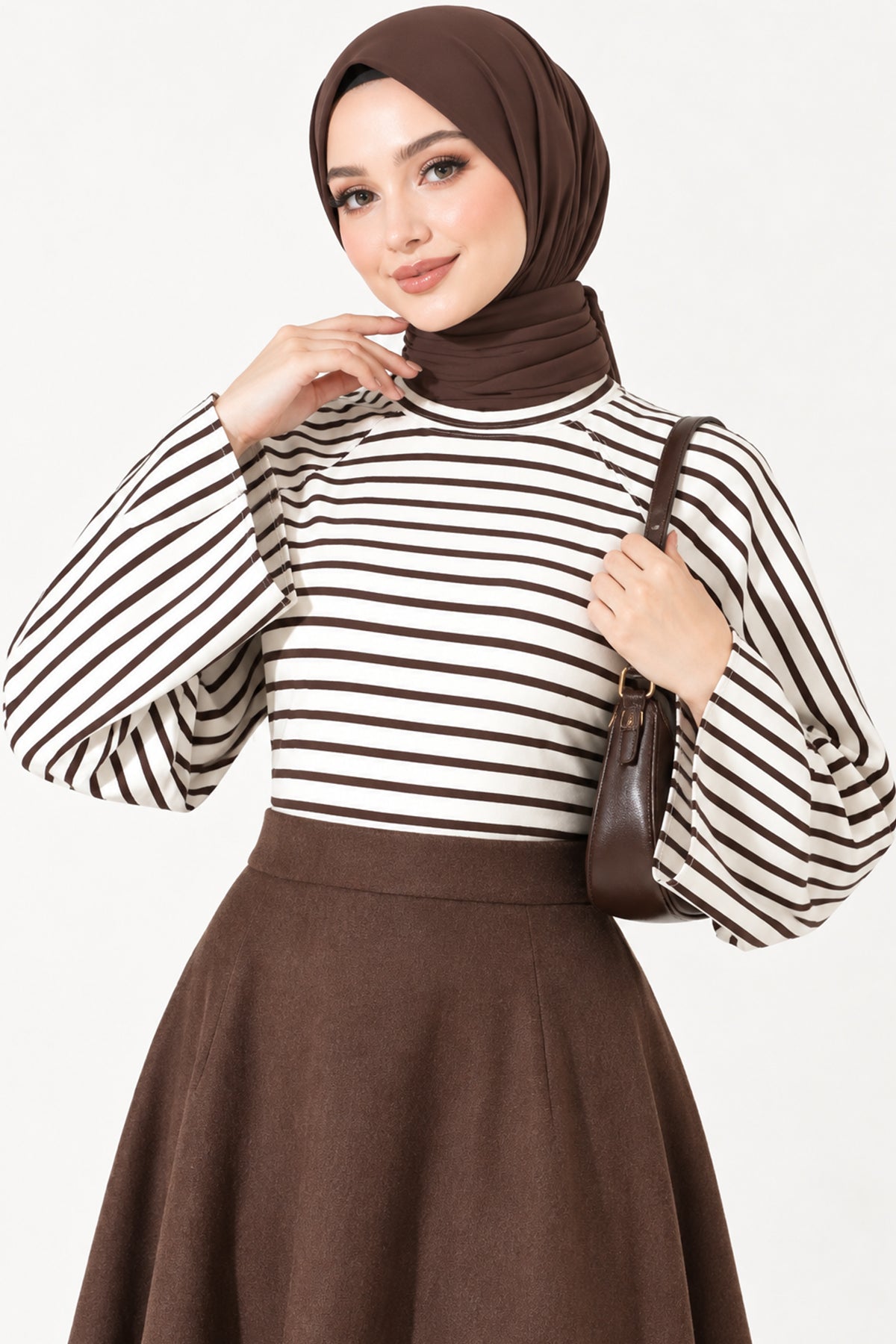 Batwing Sleeve Striped Blouse Brown