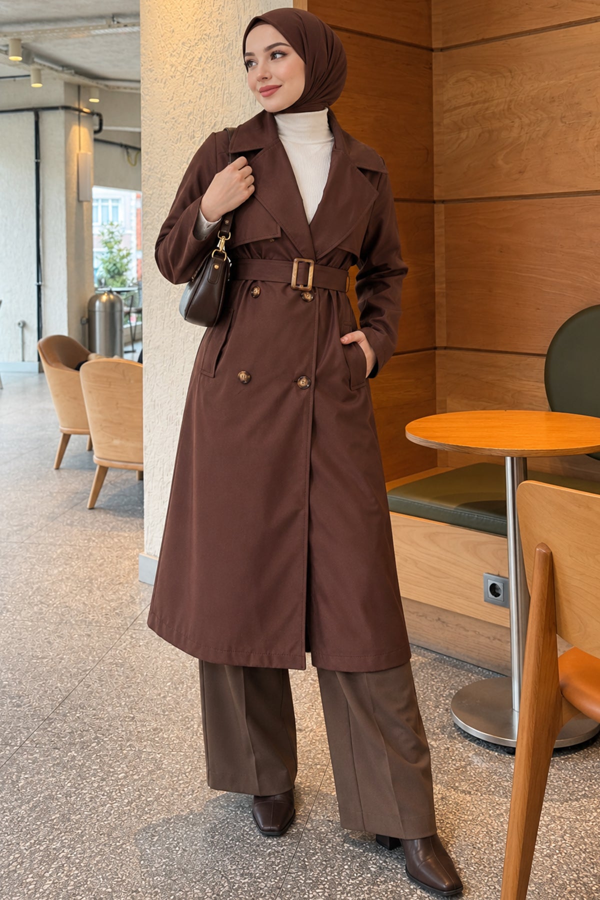 Cross Collar Pocketed Belted Trenchcoat Beige