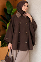 Velvet Collar Buttoned Poncho Coffee