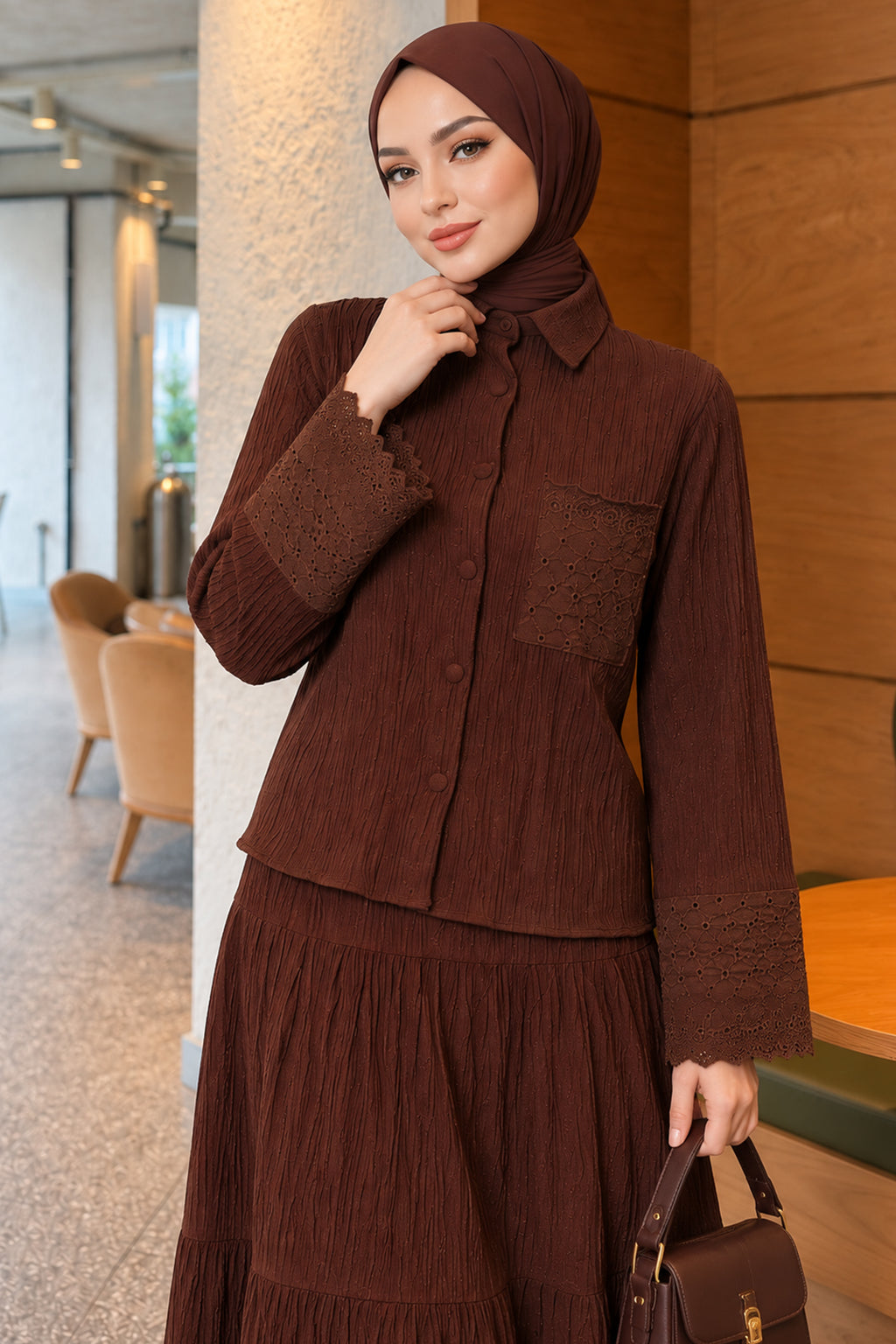 Crinkle Skirt Double Set with Pocket and Wrist Brodge