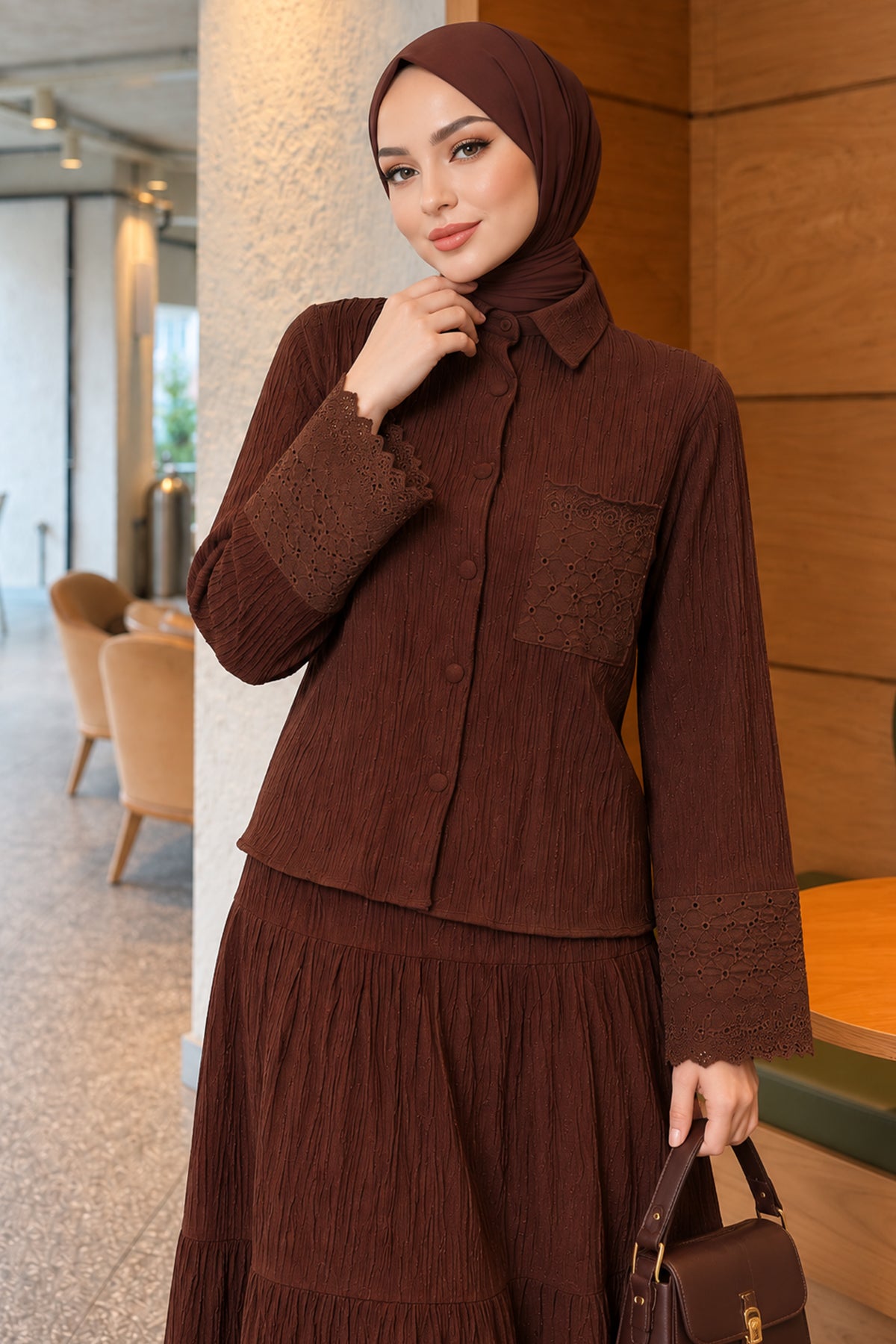Crinkle Skirt Double Set with Pocket and Wrist Brodge