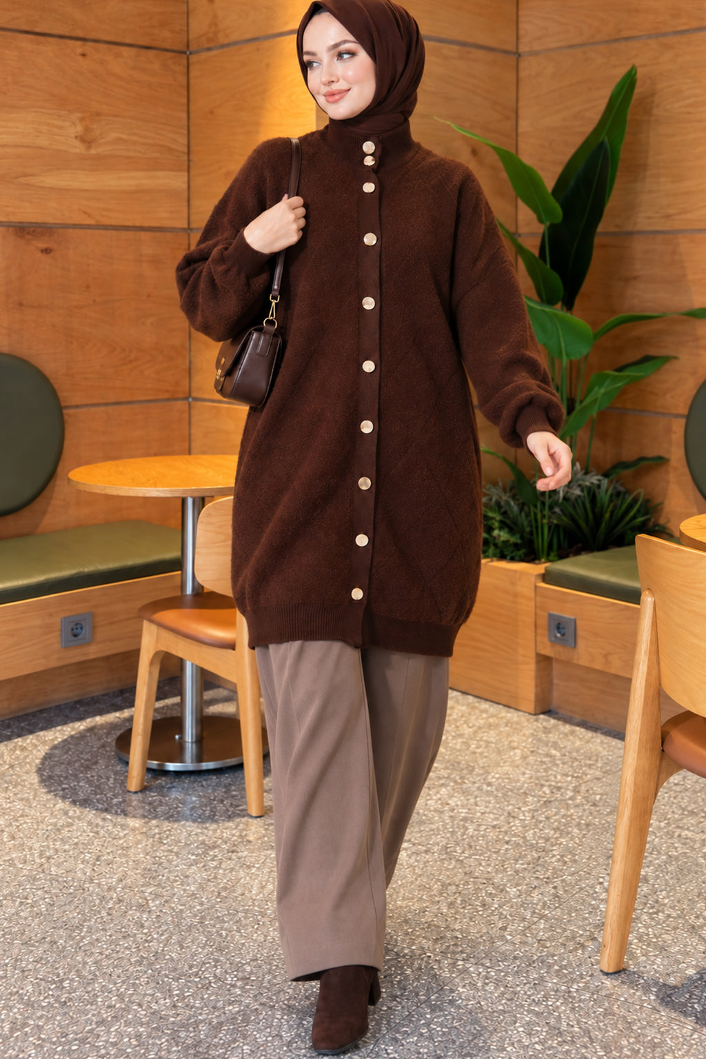 Baklava Patterned Buttoned Bearded Cardigan Burgundy