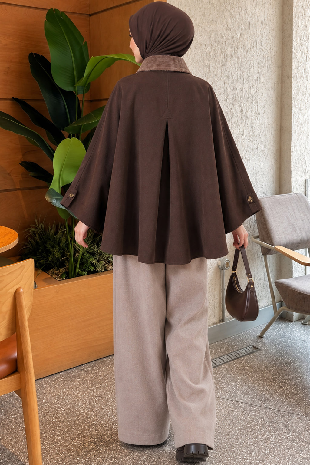 Velvet Collar Buttoned Poncho Coffee