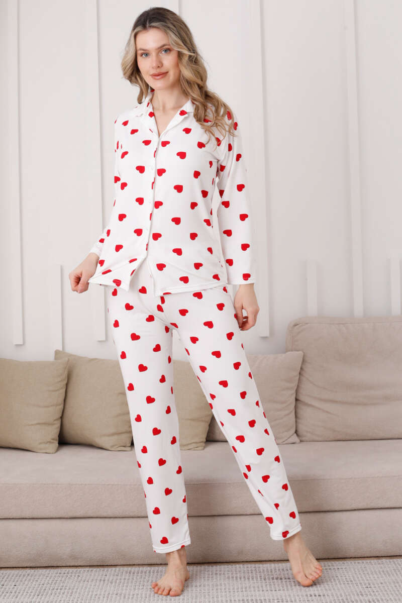 Kalp Desen Düğmeli Pijama Takımı