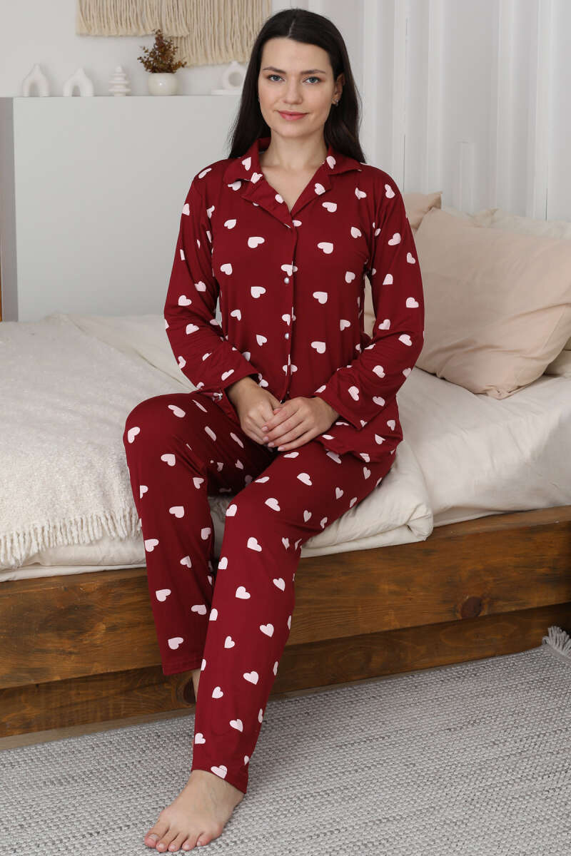 Kalp Desen Düğmeli Pijama Takımı