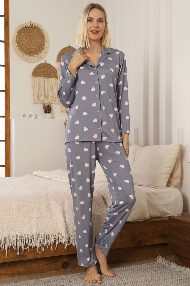 Kalp Desen Düğmeli Pijama Takımı