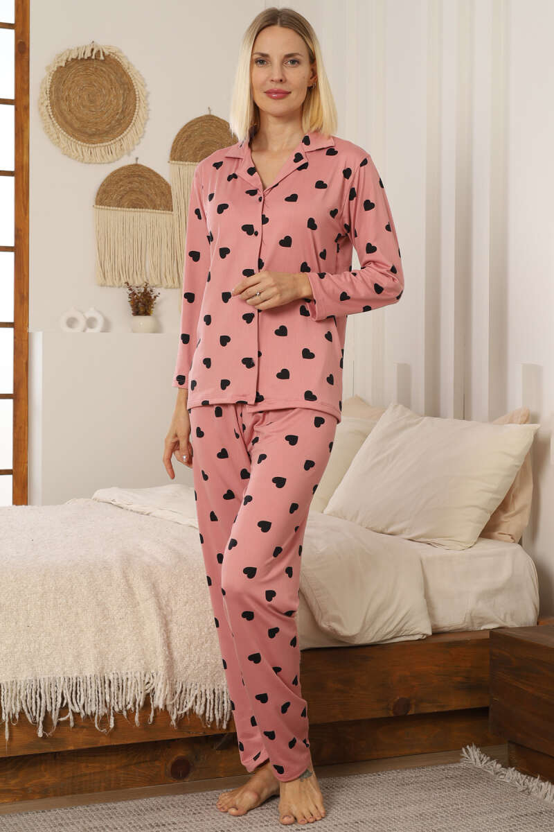 Kalp Desen Düğmeli Pijama Takımı