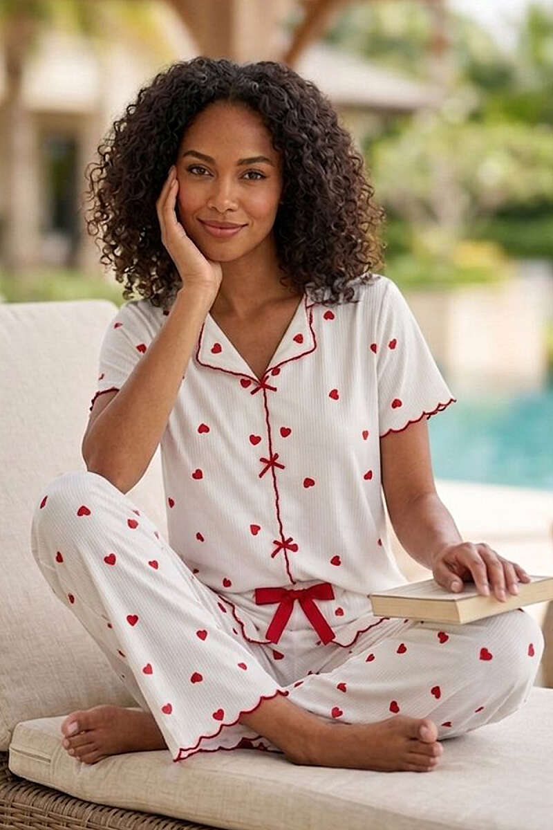 Kalp Desen Kısa Kollu Fiyonklu Pijama Takımı