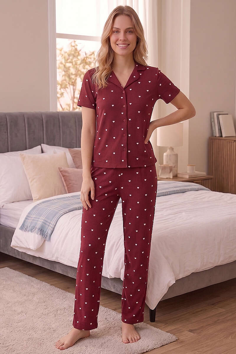 Kalp Desenli Fitilli Pijama Takımı