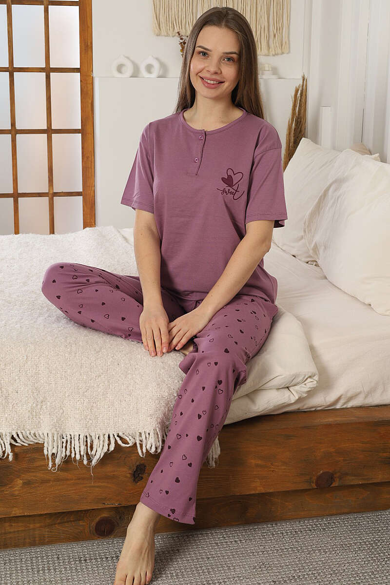 Kalp Nakış Detaylı Kısa Kol Pijama Takımı