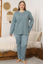 Kalp Nakışlı Büyük Beden Pijama Takımı Çağla Yeşili
