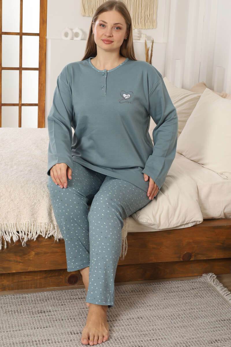 Kalp Nakışlı Büyük Beden Pijama Takımı Çağla Yeşili