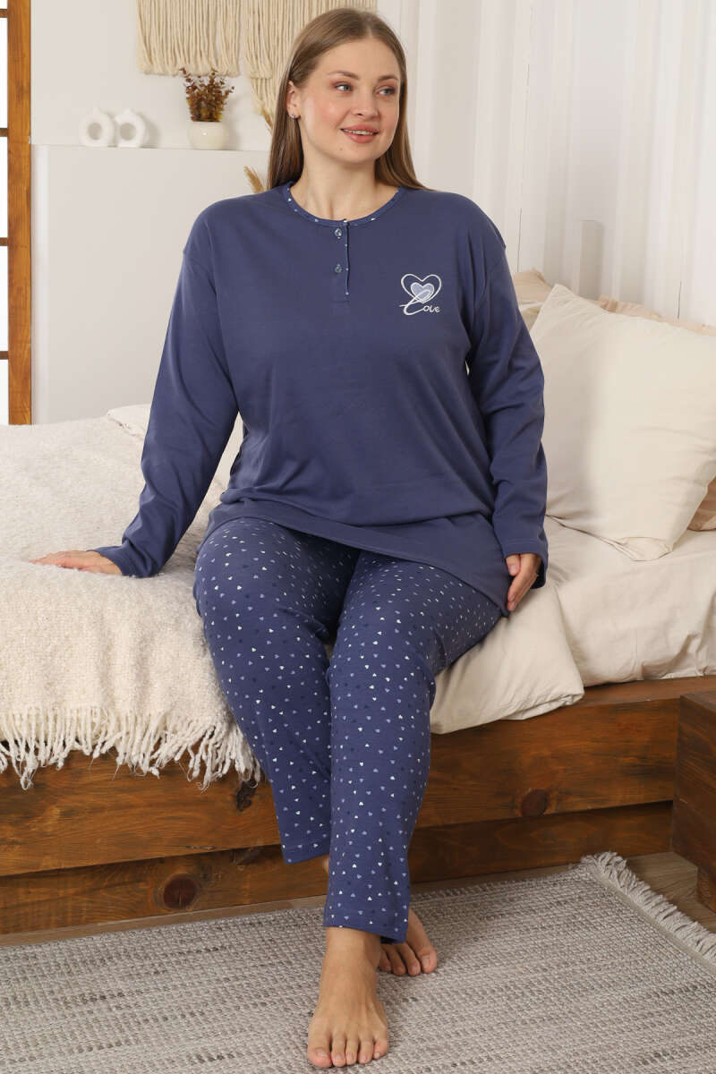 Kalp Nakışlı Büyük Beden Pijama Takımı