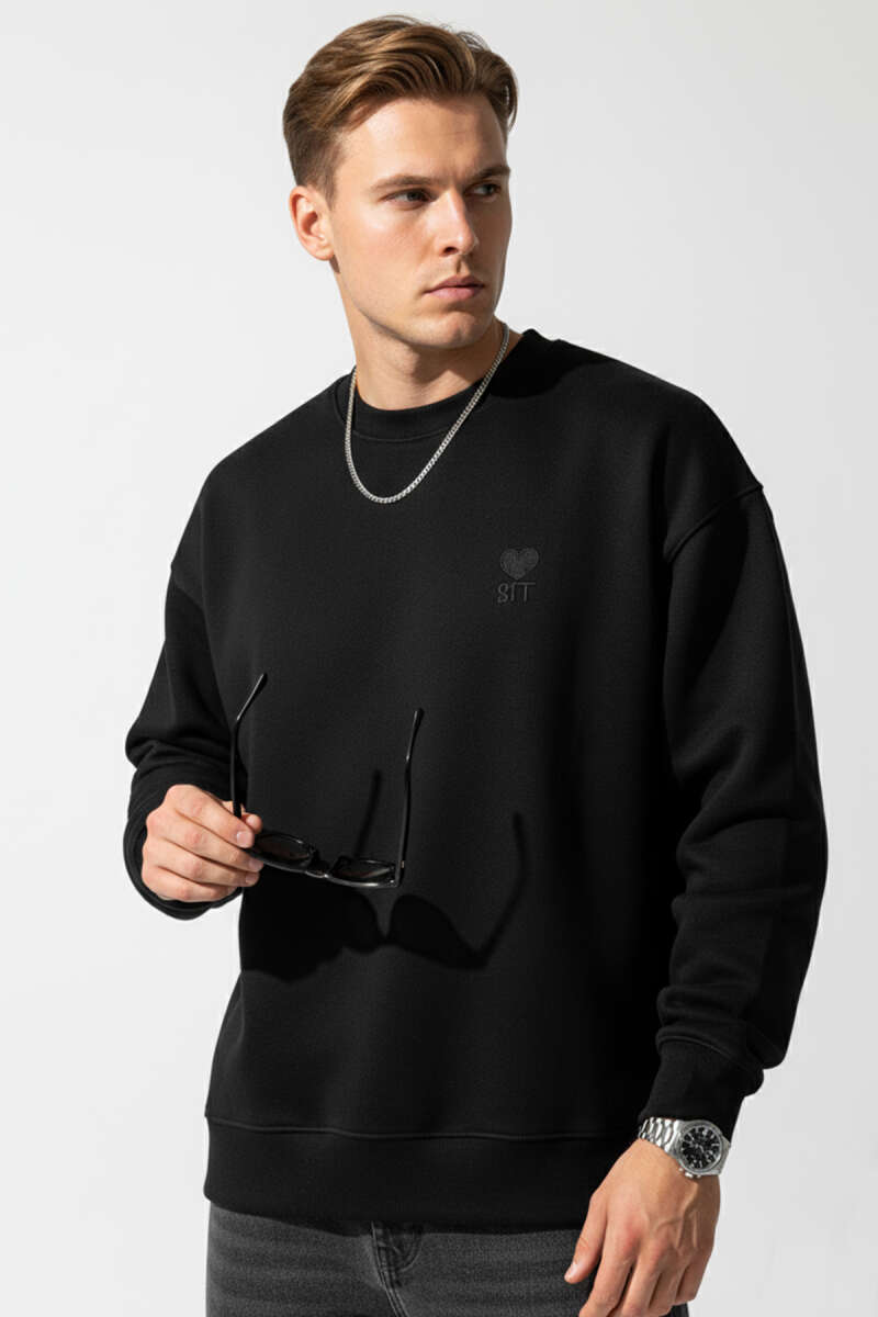Kalp Nakışlı Üç İplik Erkek Sweatshirt