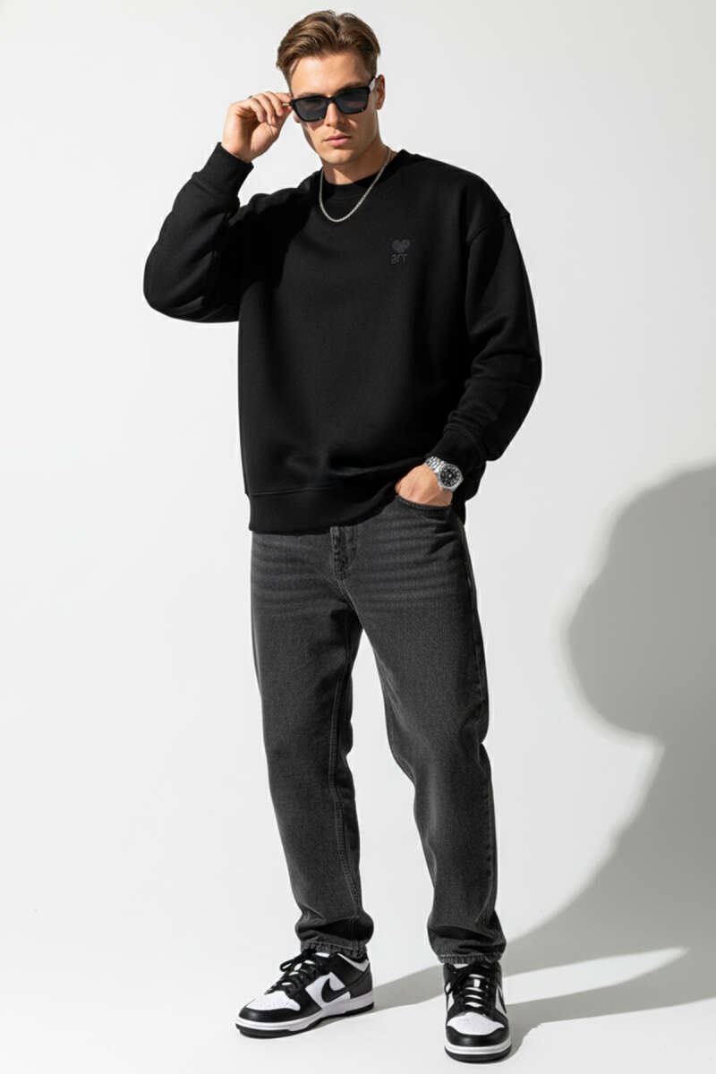 Kalp Nakışlı Üç İplik Erkek Sweatshirt