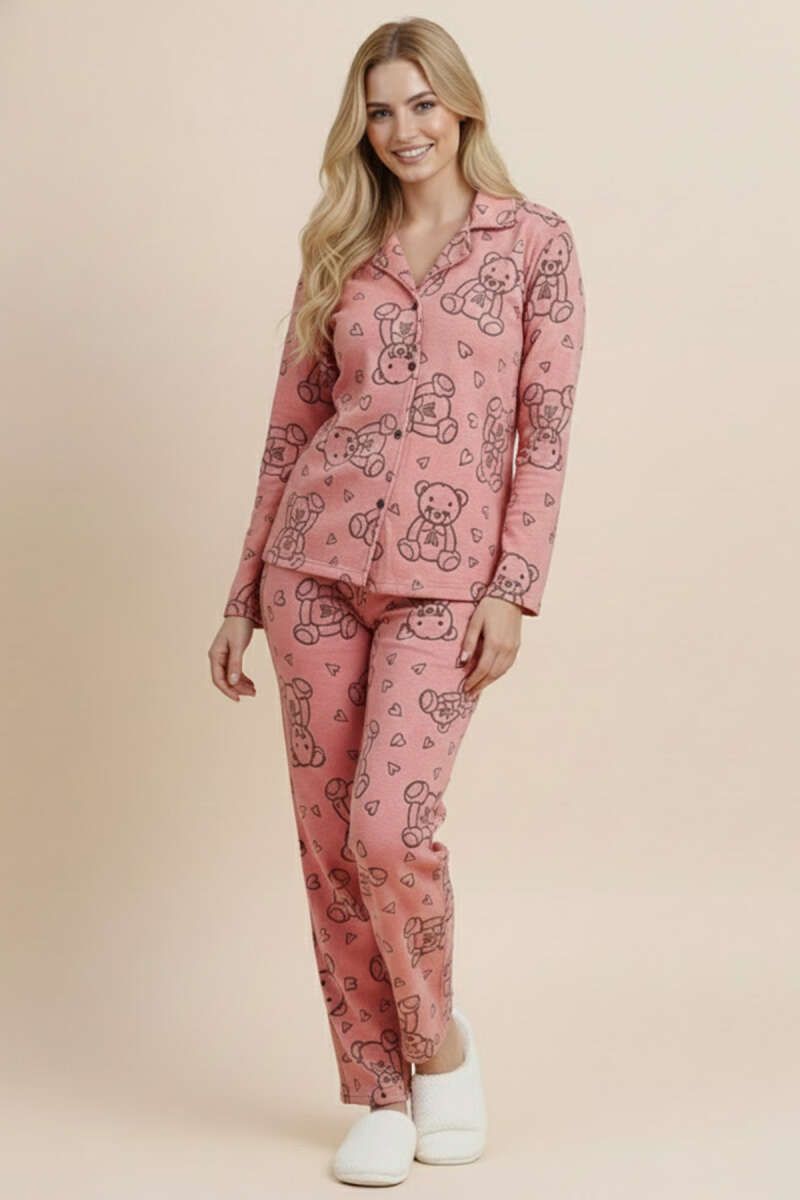 Kalpli Ayıcık Desenli Süet Kruvaze Yaka Pijama Takımı