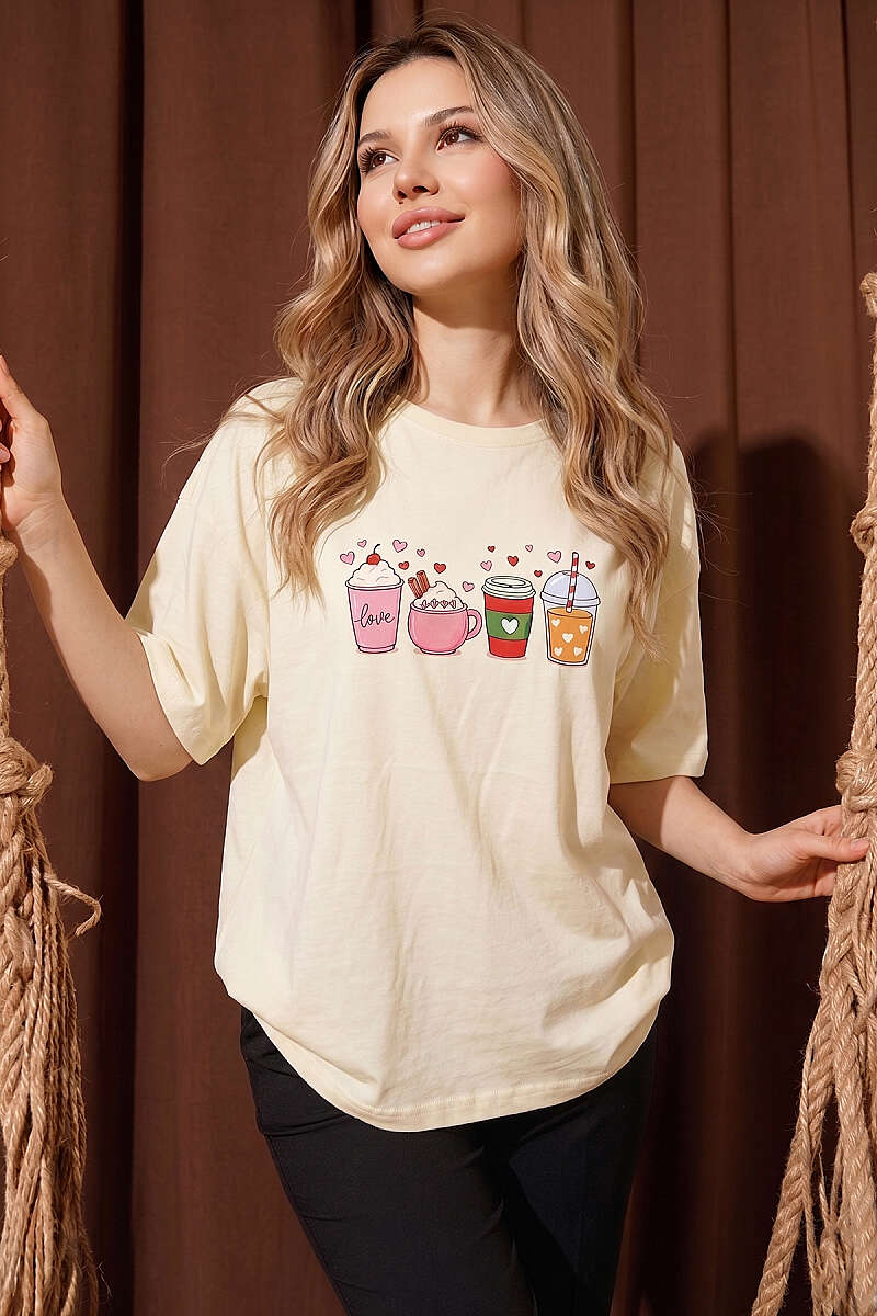 Kalpli Bardak Baskılı T-shirt