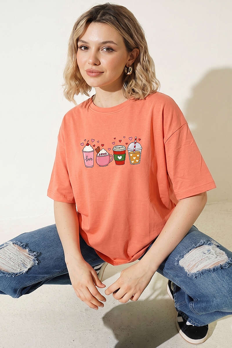 Kalpli Bardak Baskılı T-shirt