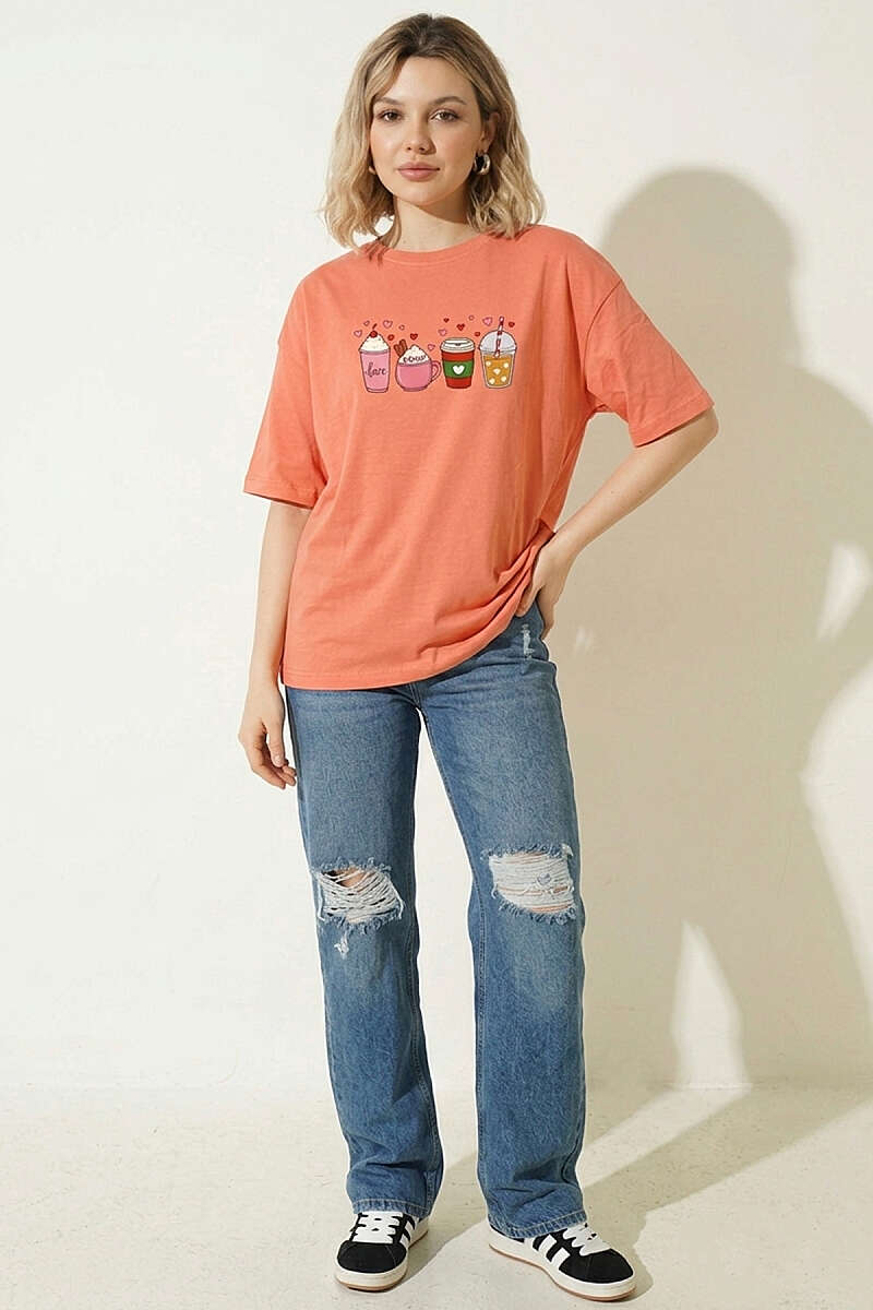 Kalpli Bardak Baskılı T-shirt
