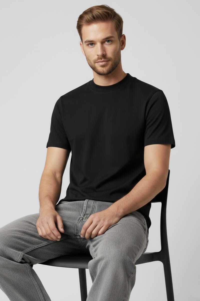 Kapalı Yaka Basic Erkek T-shirt Siyah