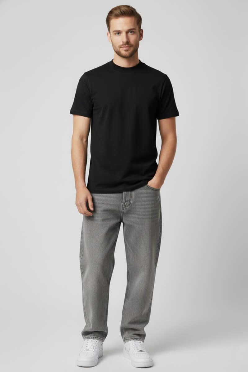 Kapalı Yaka Basic Erkek T-shirt Siyah