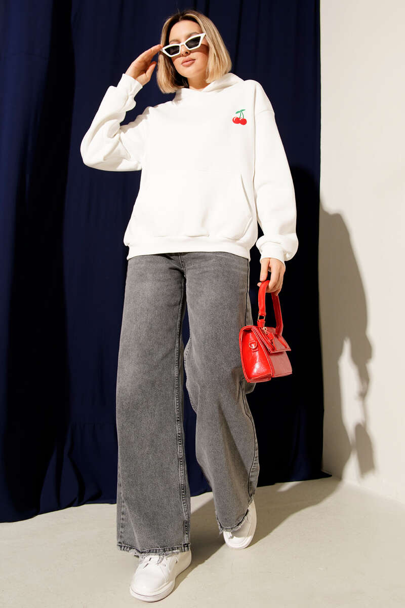 Kapşonlu Kiraz Baskılı Sweatshirt