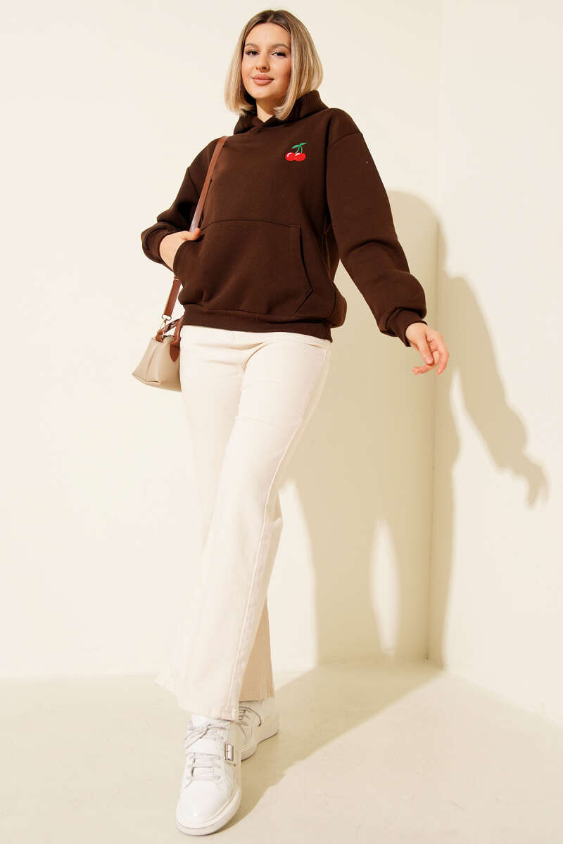 Kapşonlu Kiraz Baskılı Sweatshirt