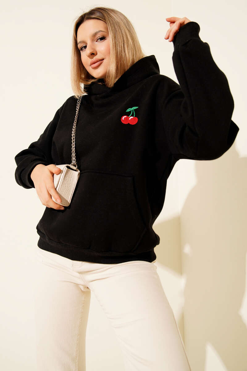 Kapşonlu Kiraz Baskılı Sweatshirt