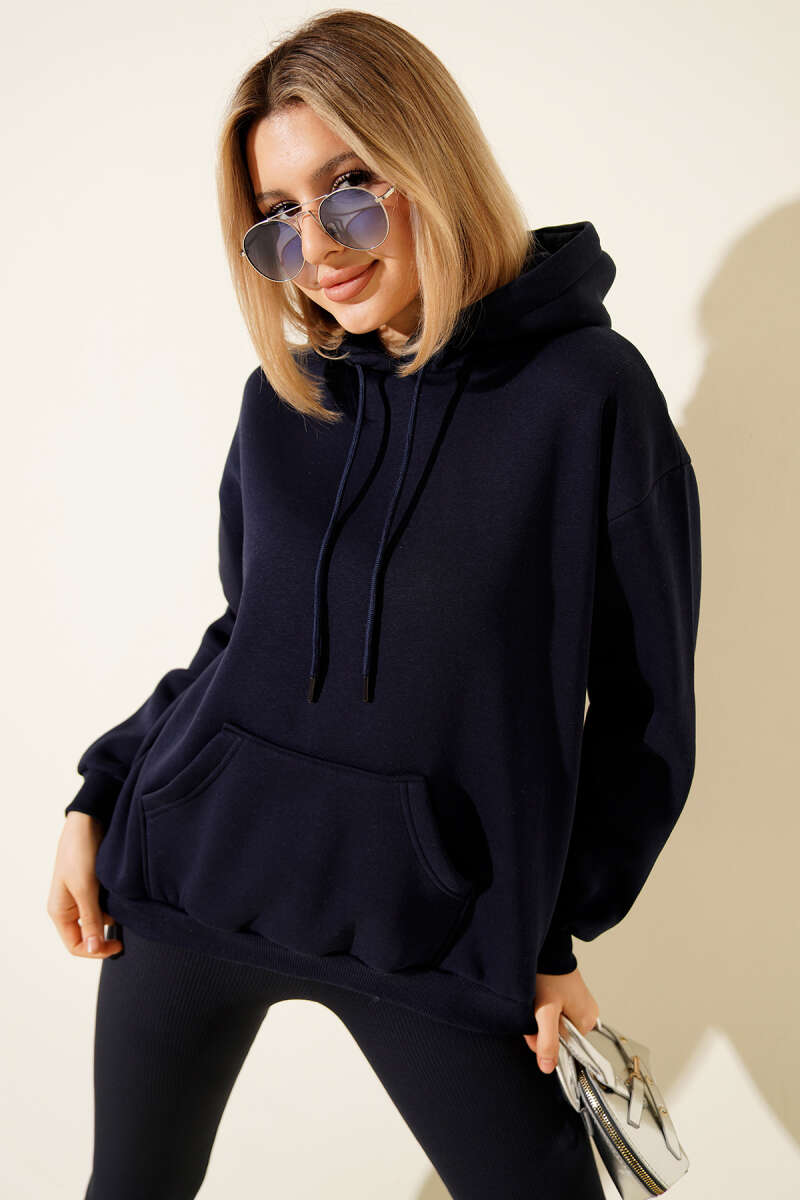 Kapüşonlu Basic Üç İplik Sweatshirt