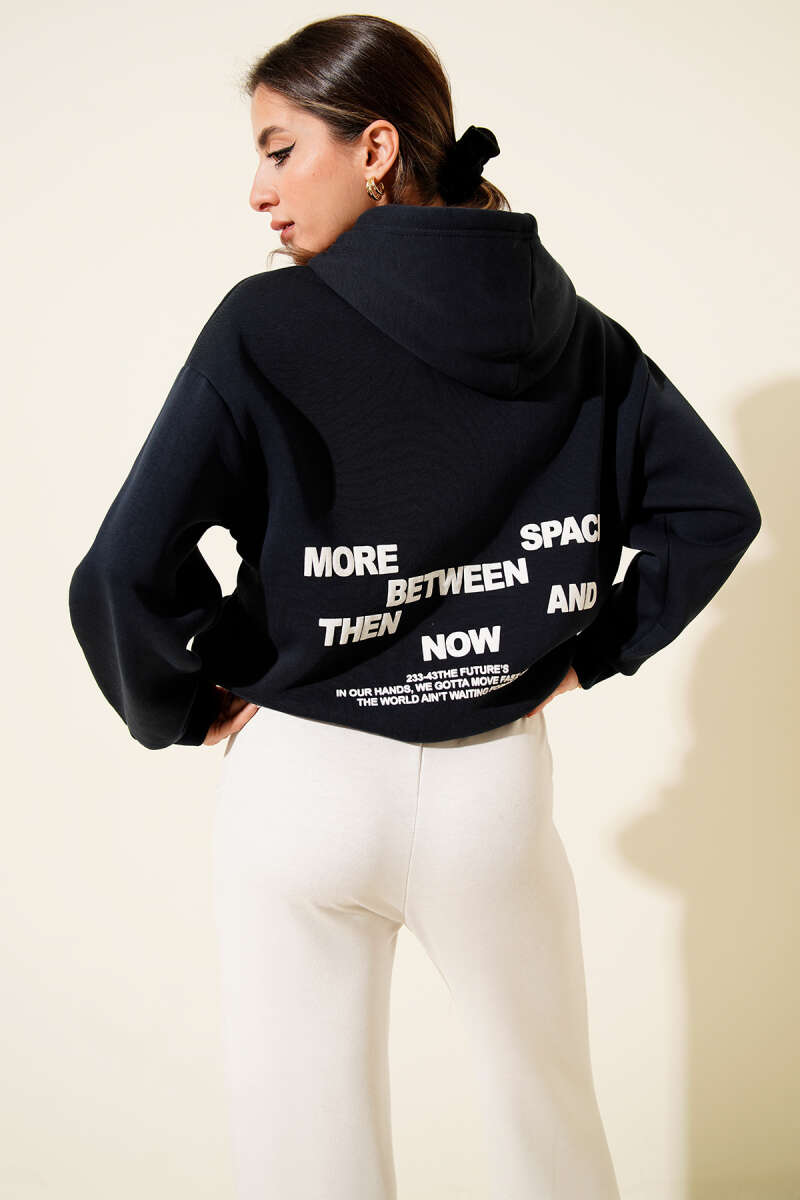 Kapüşonlu Baskılı Üç İplik Sweatshirt