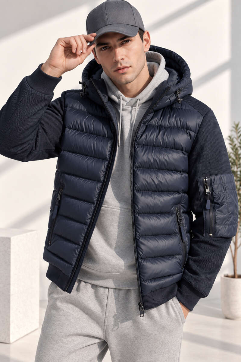 Hooded Men's Coat with Pockets Navy Blue