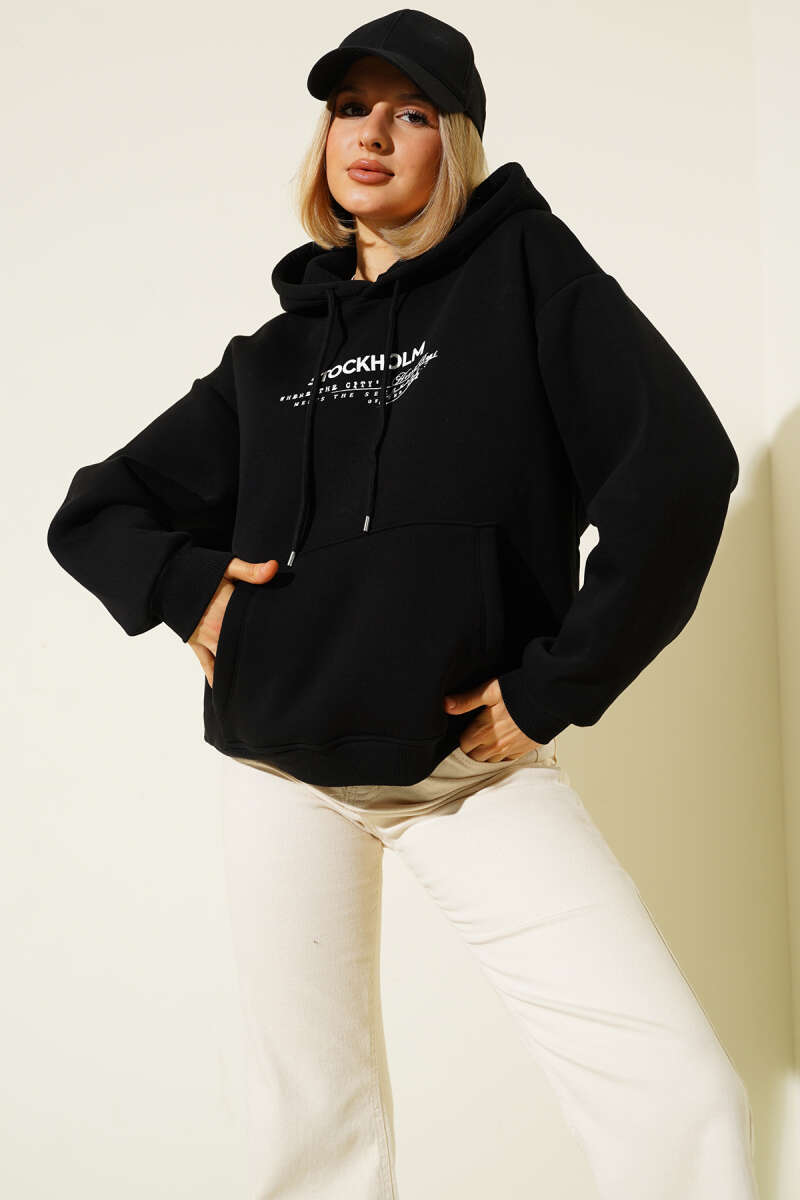 Kapüşonlu Stockholm Baskılı Sweatshirt