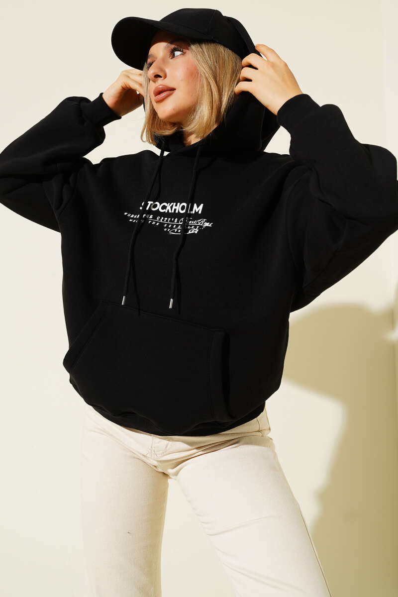 Kapüşonlu Stockholm Baskılı Sweatshirt