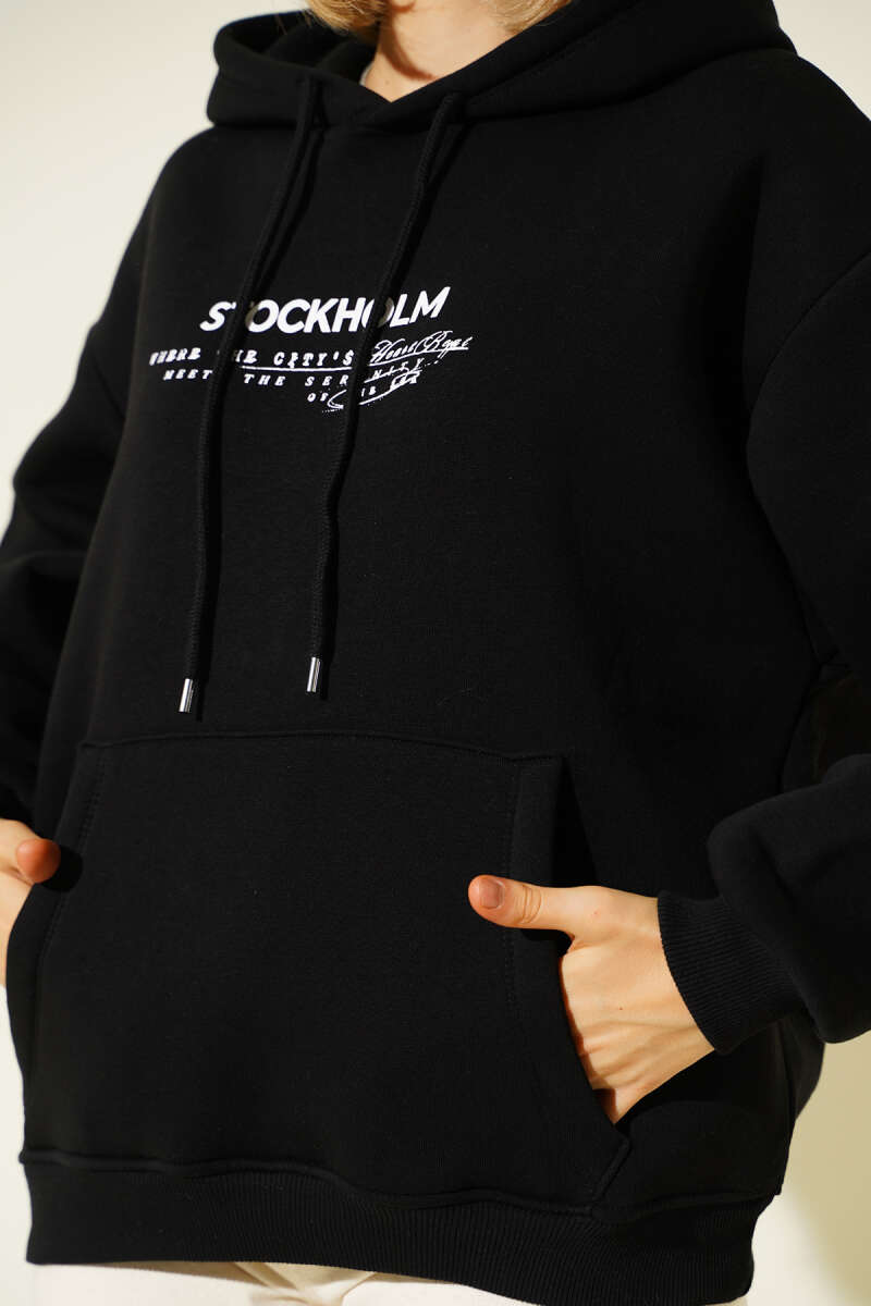 Kapüşonlu Stockholm Baskılı Sweatshirt