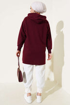 Kapüşonlu Yarım Fermuarlı Baskılı Tunik