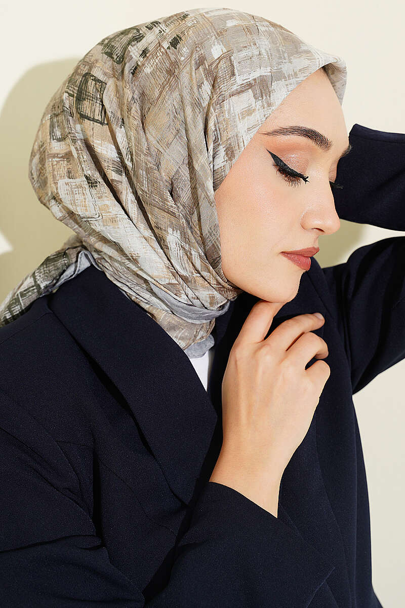 Kare Çizgili Bambu Kraş Eşarp Gri