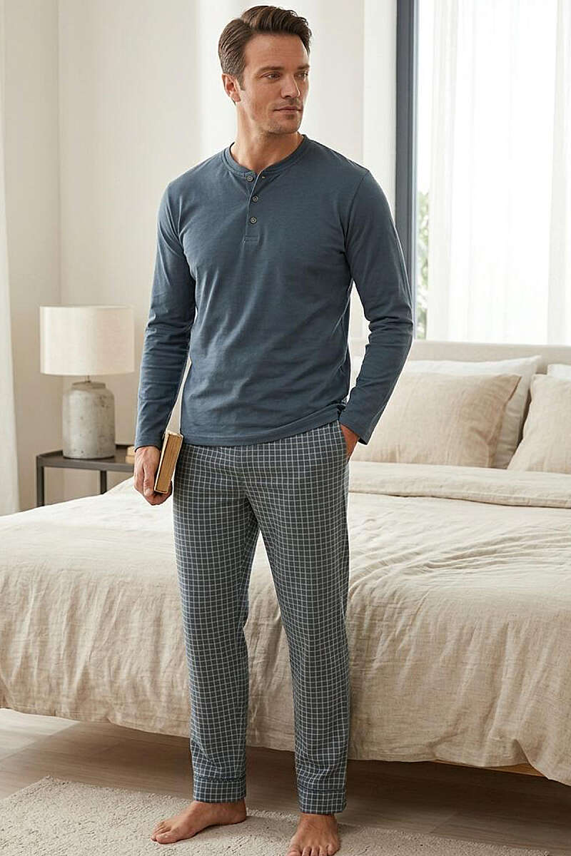 Kare Çizgili Uzun Kol Erkek Pijama Takımı