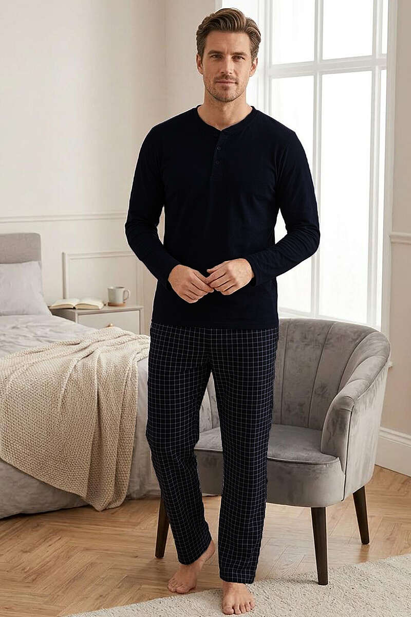 Kare Çizgili Uzun Kol Erkek Pijama Takımı Siyah