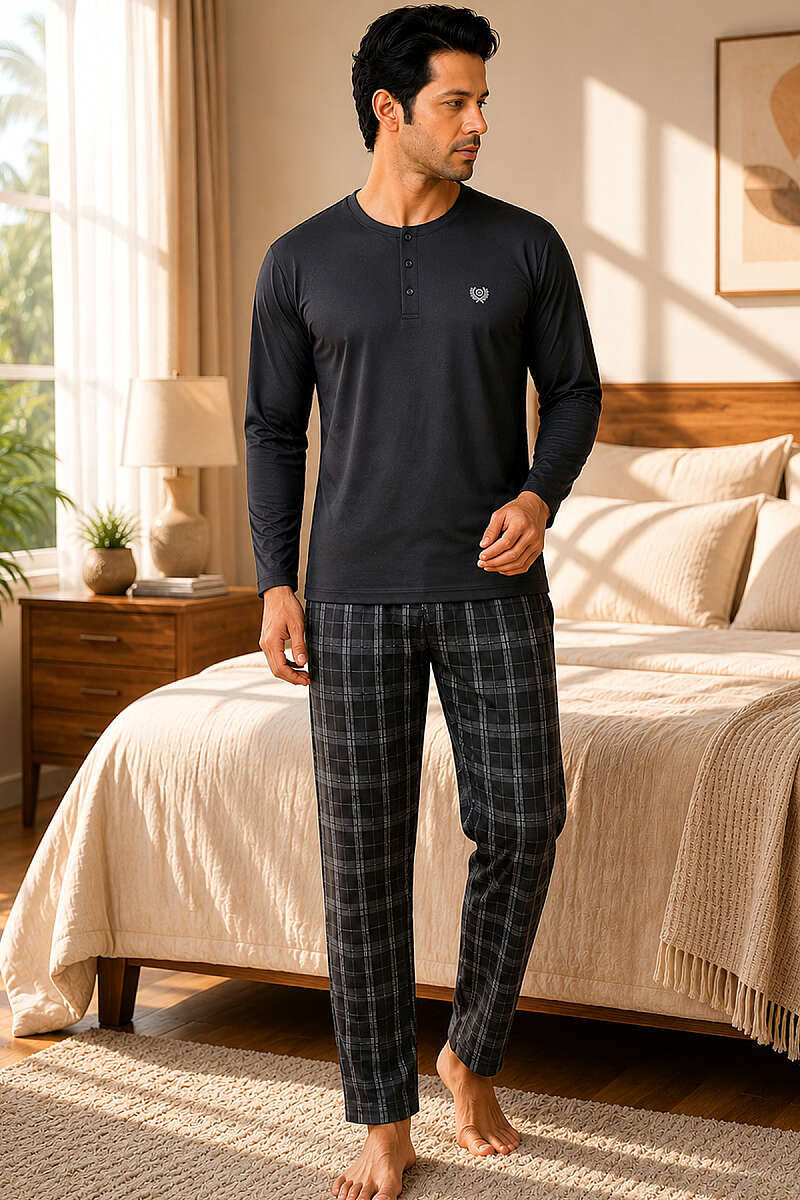 Kare Çizgili Uzun Kollu Erkek Pijama Takımı Antrasit