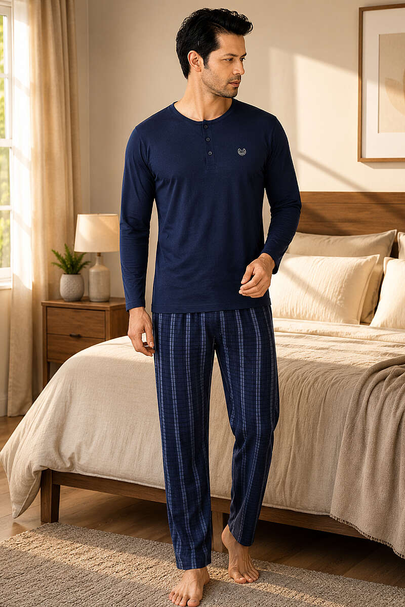 Kare Çizgili Uzun Kollu Erkek Pijama Takımı Lacivert