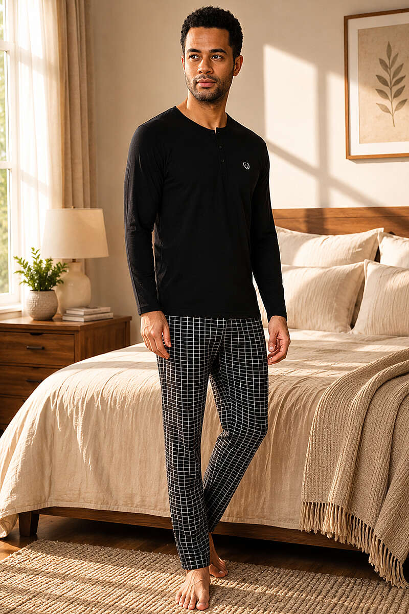 Kare Çizgili Uzun Kollu Erkek Pijama Takımı Siyah
