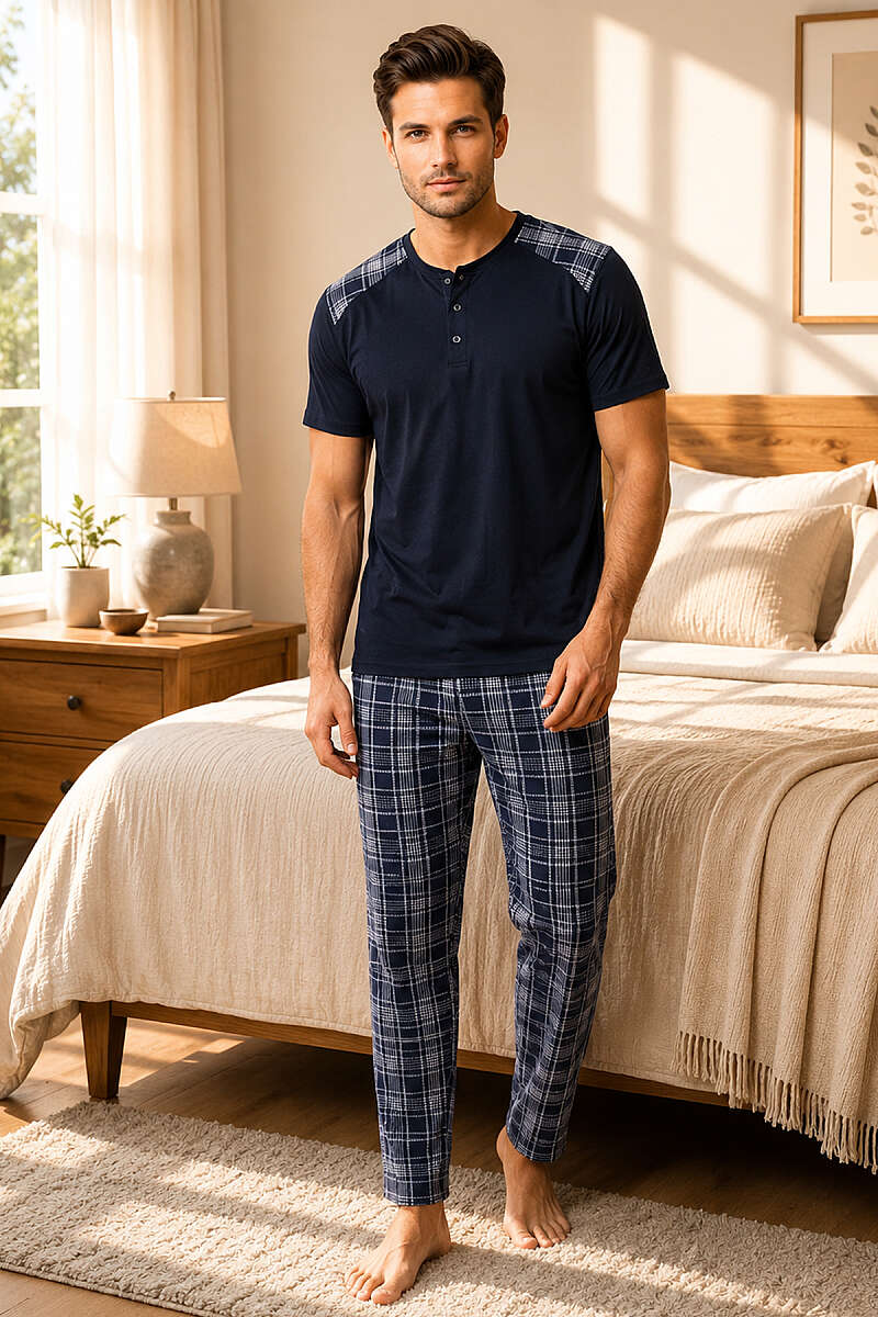 Kare Desen Üç Düğmeli Erkek Pijama Takımı Koyu Lacivert