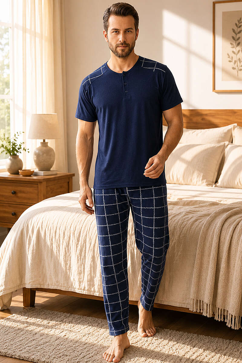 Kare Desen Üç Düğmeli Erkek Pijama Takımı Lacivert