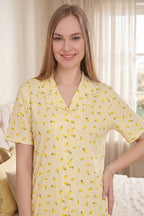 Karışık Desenli Gömlek Yaka Pijama Takımı Limon