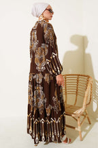Karışık Desenli Yarım Düğmeli Viskon Elbise