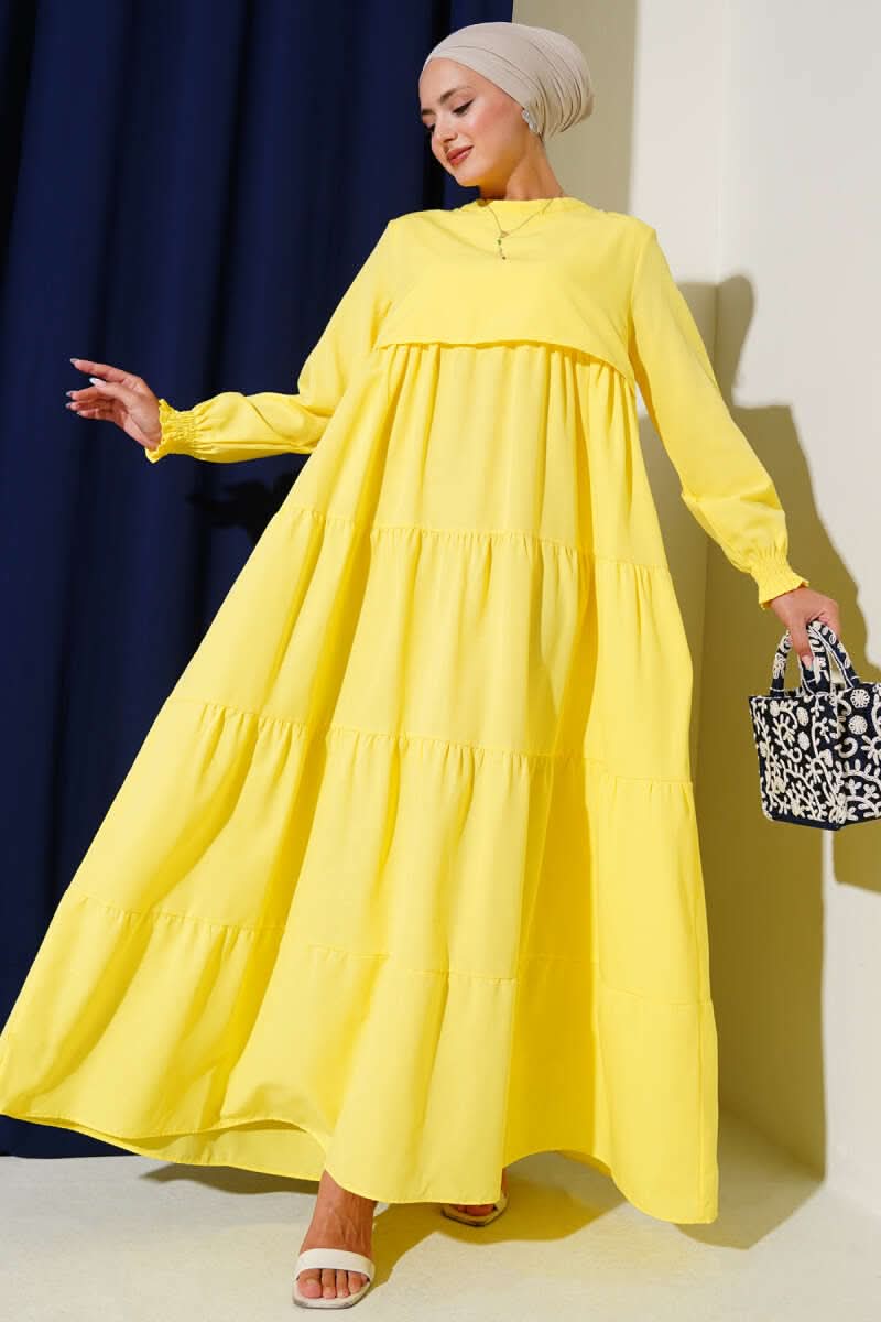 Katlı Model Elbise Sarı