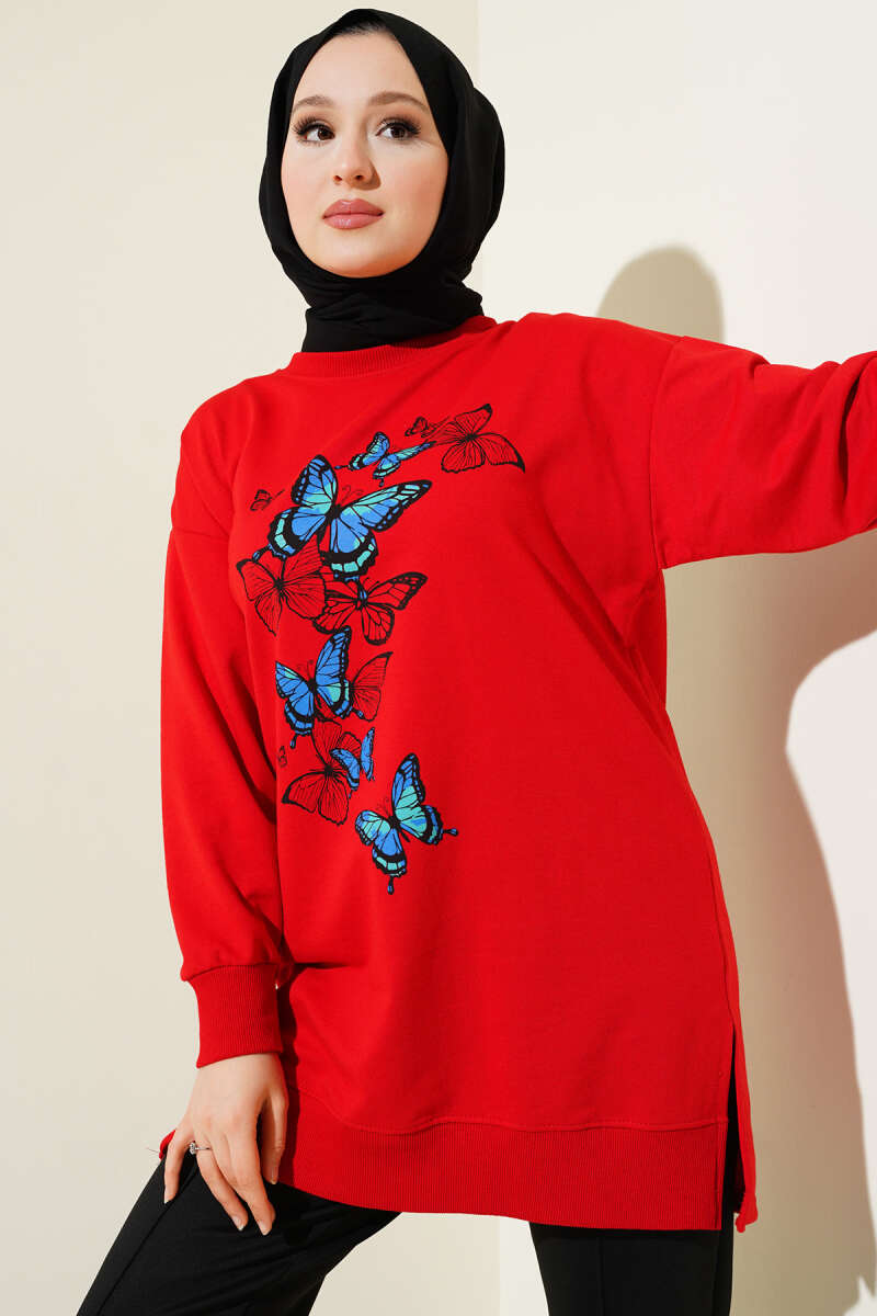 Kelebek Baskılı İki İplik Tunik Kırmızı