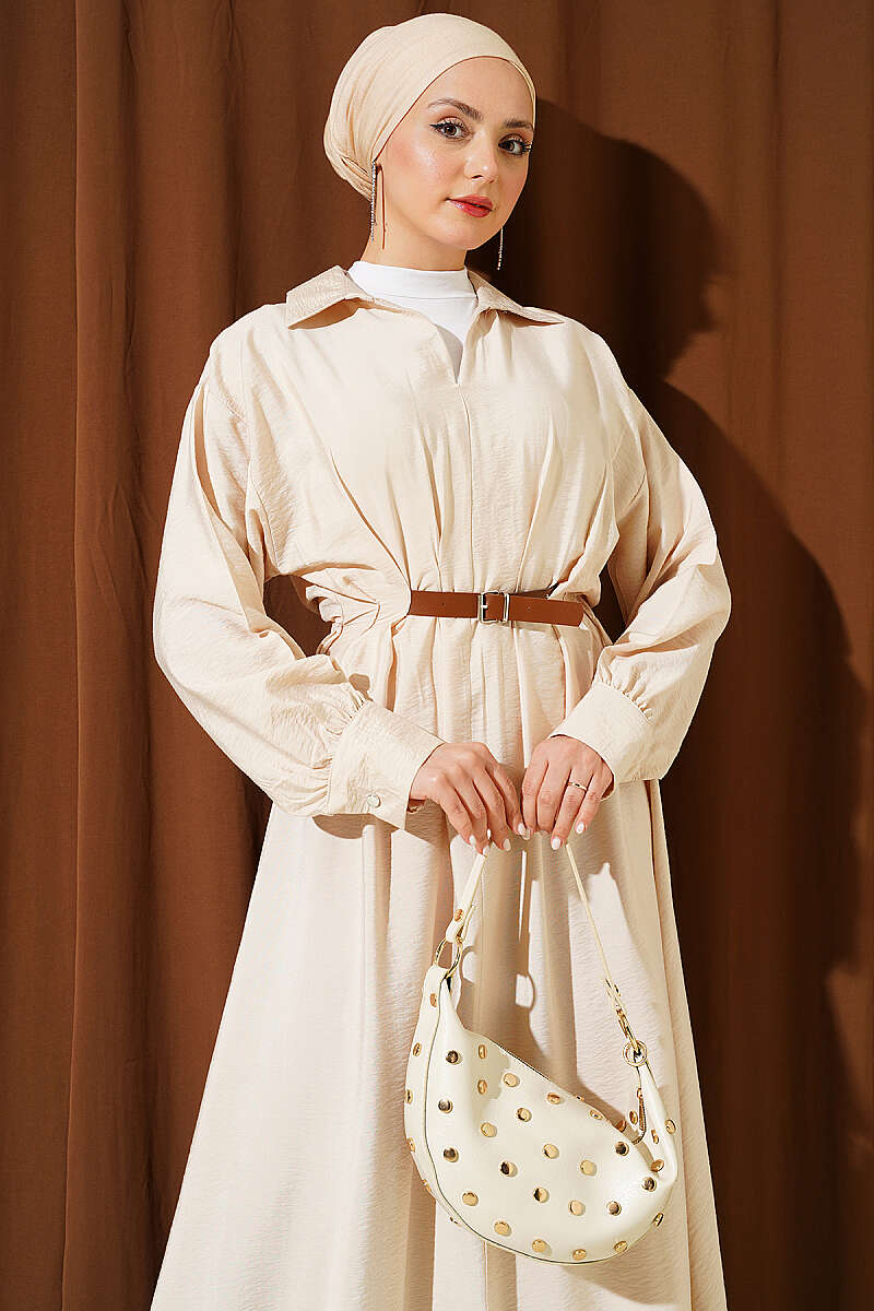 Kemer Detaylı Pensli Kloş Elbise